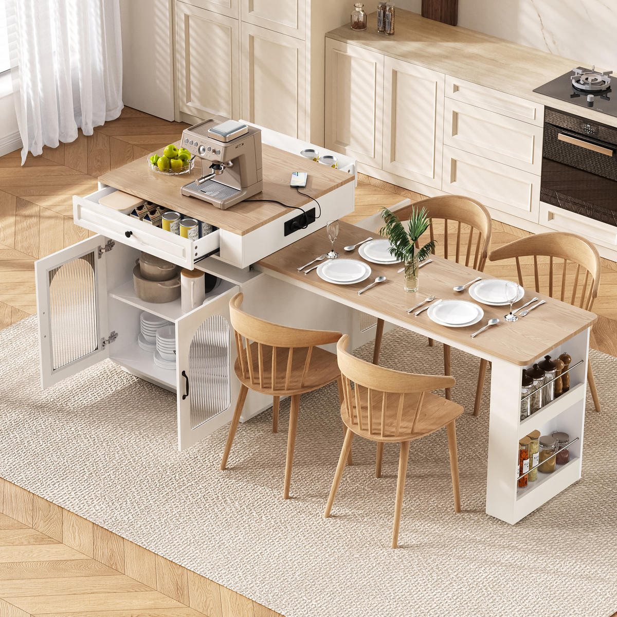 BARTISCH 128–200×71×92 cm aus MDF+Glas mit Riffelglas, LED & USB-Ladestation, weiß - Weiß, Holzwerkstoff (200/71/92cm) - Luhomfu