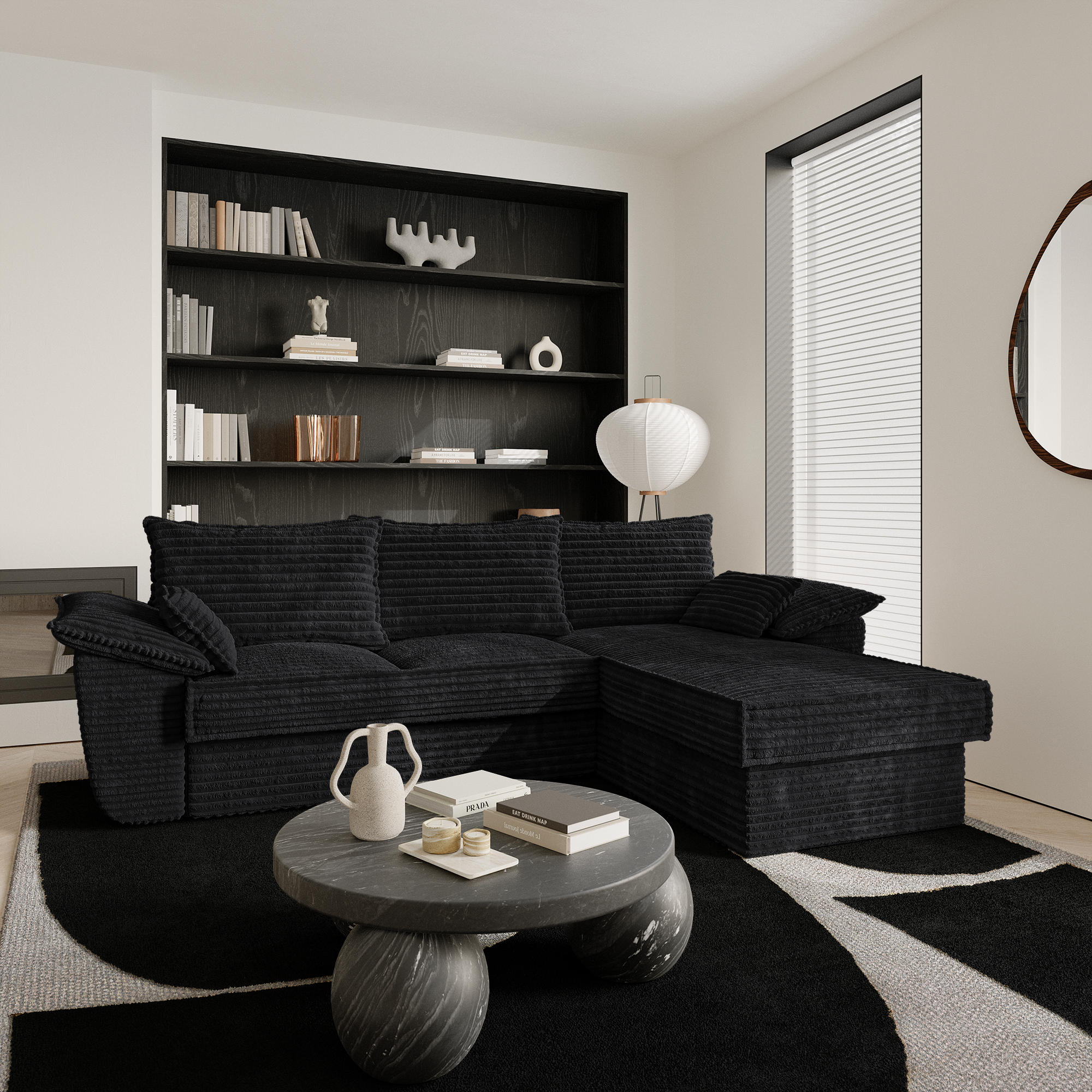 ECKSOFA RECHTS Gerippter Samt XXL Schwarz 257cm - Schwarz, Textil (257/168cm) - Sia Home