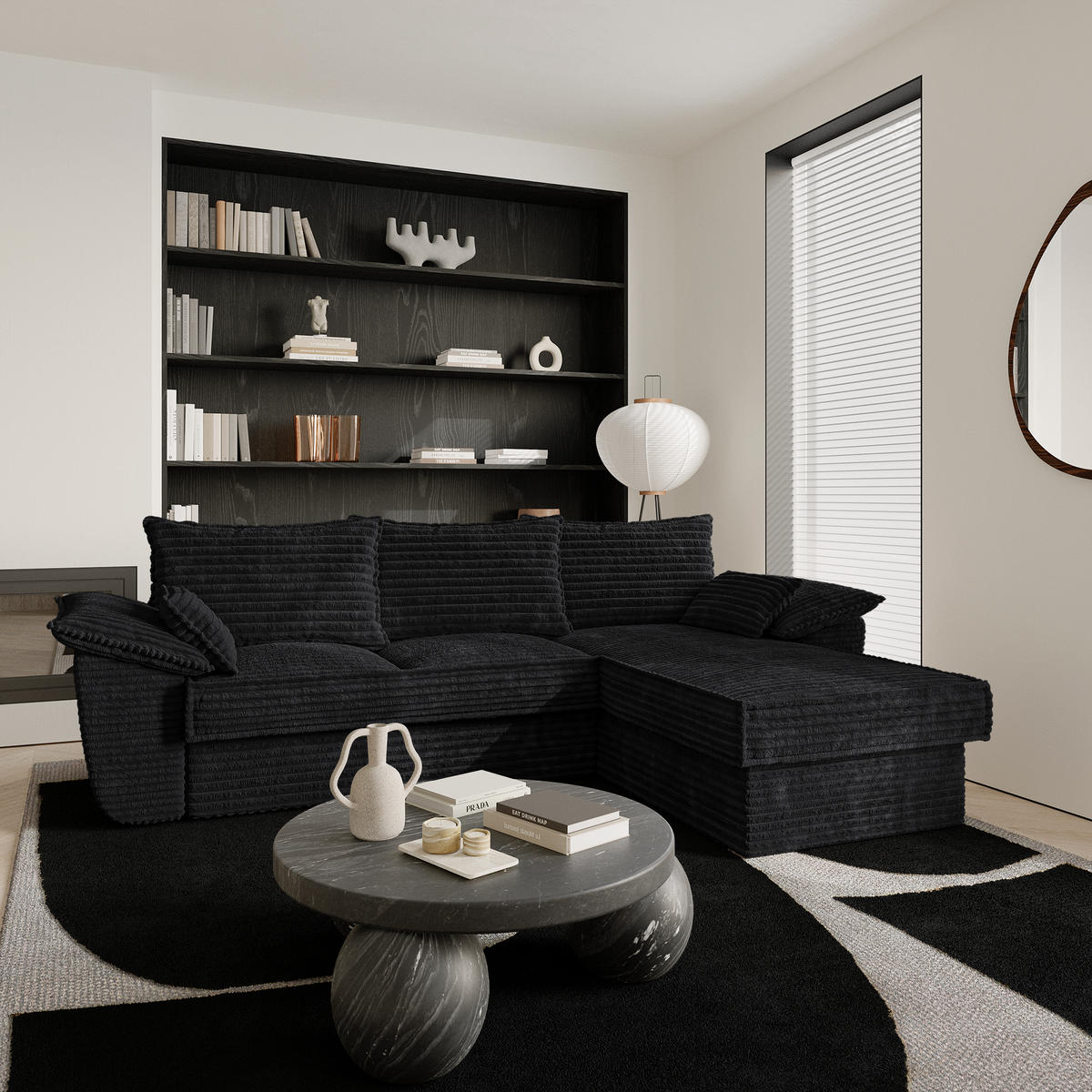 ECKSOFA RECHTS Gerippter Samt XXL Schwarz 257cm - Schwarz, Textil (257/168cm) - Sia Home