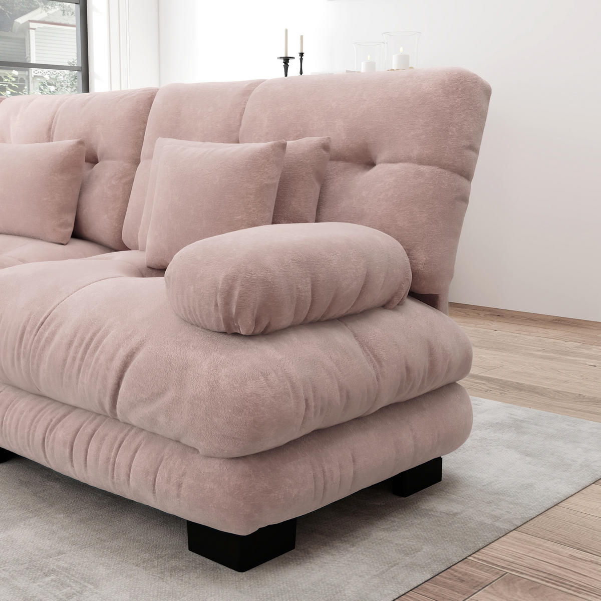 ECKSOFA modular Chenille Pink mit Deko- und Lendenkissen - Pink, Kunststoff (77/81/220cm) - Meubliv