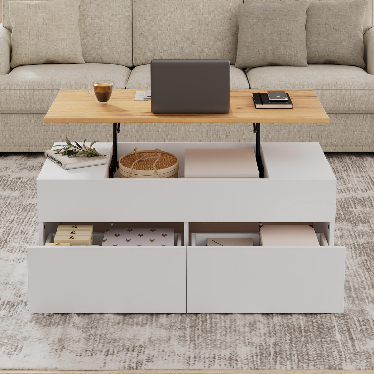 KONFERENČNÍ stolek 100/50/40 cm bílá z dřevotřísky se zvedací deskou a 2 zásuvkami - bílá, kompozitní dřevo (100/50/40cm) - OKWISH