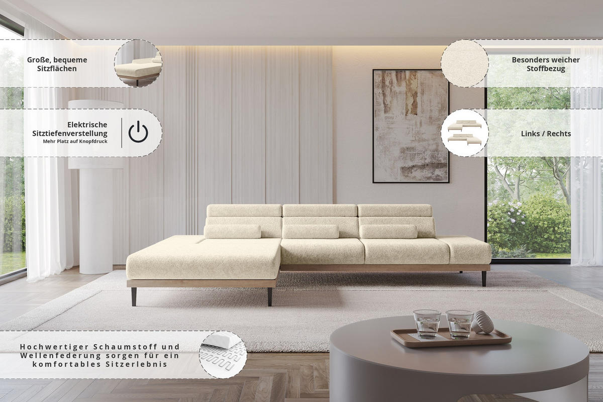 ELEKTRISCHES ECKSOFA Links MONA 316x205x85 Creme Velours - Creme, Holzwerkstoff/Textil (316/205cm) - ALTDECOR