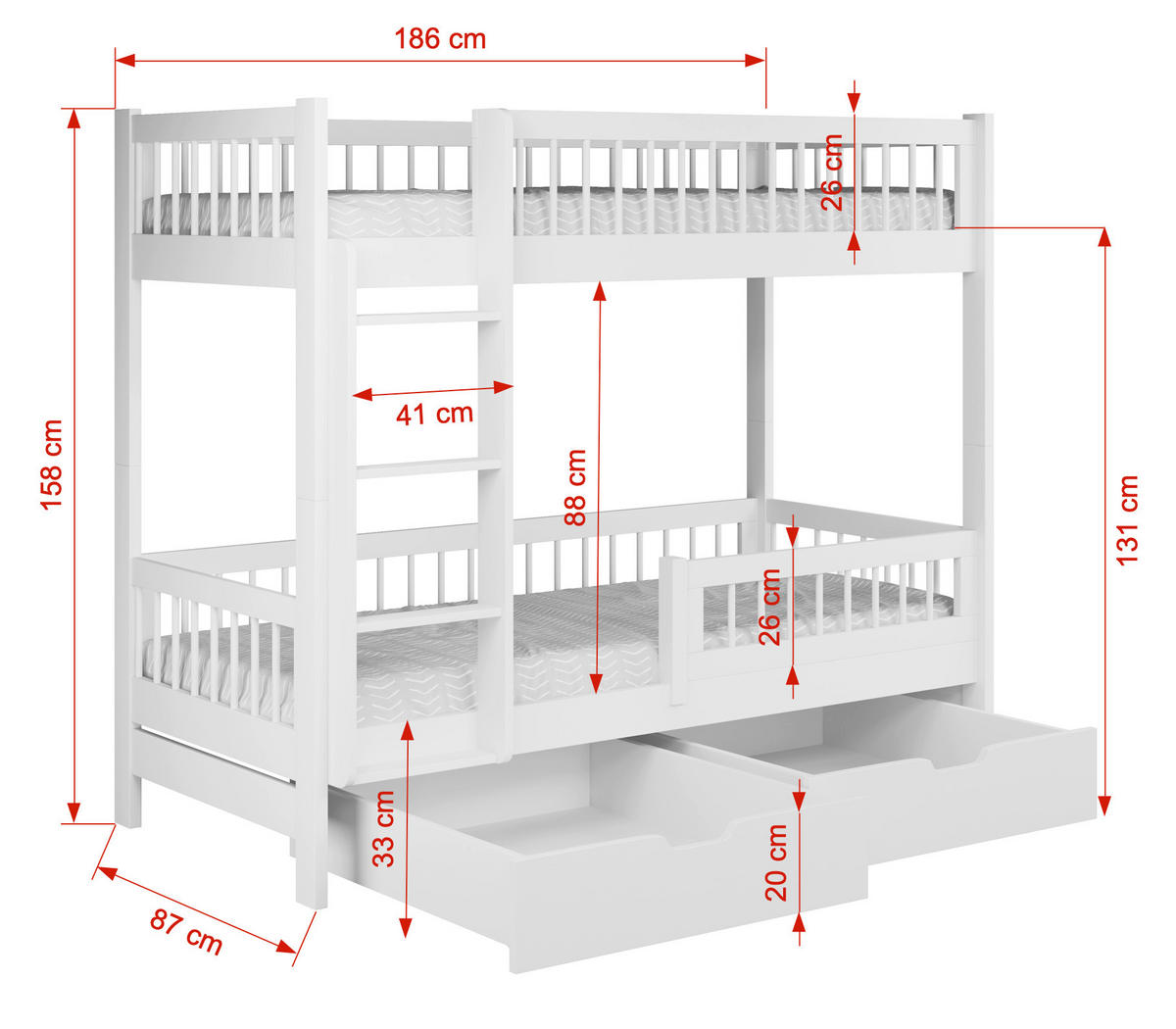 ETAGENBETT COEN 80x180 cm Farbe Kiefer – Kinderbett aus Holz für 2 Personen mit 2 Schubladen, Rausfallschutz und Leiter – Stockbett Jugendbett - Braun, Holz (90/200cm)