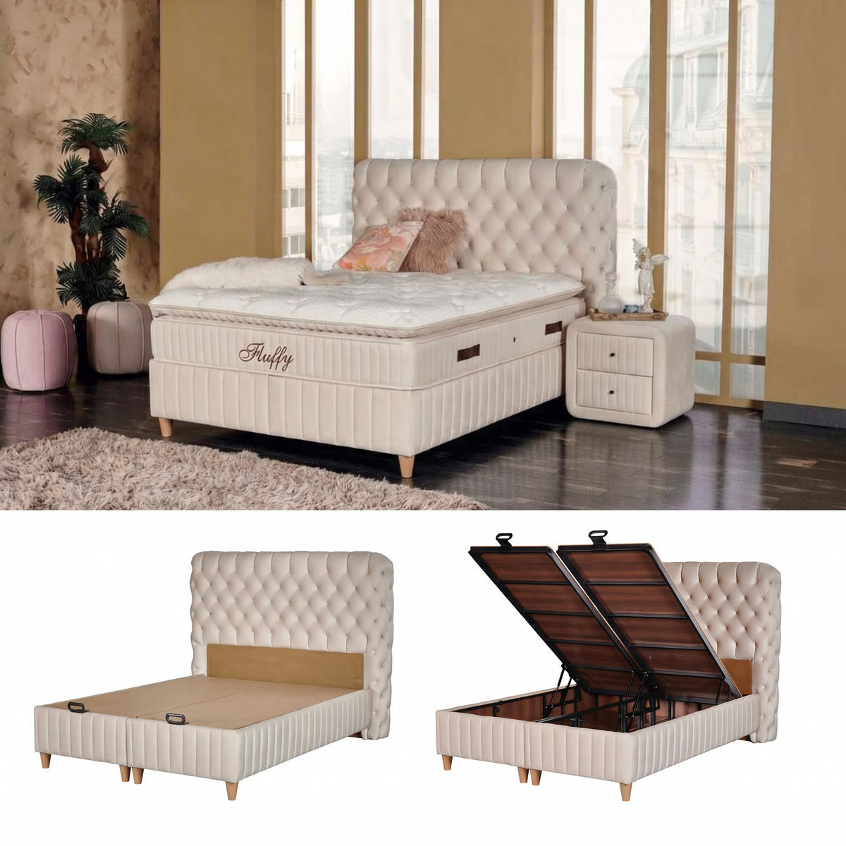 BOXBETT Fluffy Set Beige Boxspringbett 140x200 mit Matratze inkl. Lieferung - Beige, Holz (140/200cm) - Gowoll