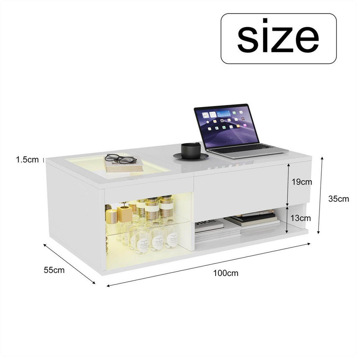 COUCHTISCH Rechteckig - Höhenverstellbarer Couchtisch mit LED - Hochglanz Lift-Top Tisch mit Glasablage - Weiß - Weiß, Holzwerkstoff (55/100/35cm) - DELFA