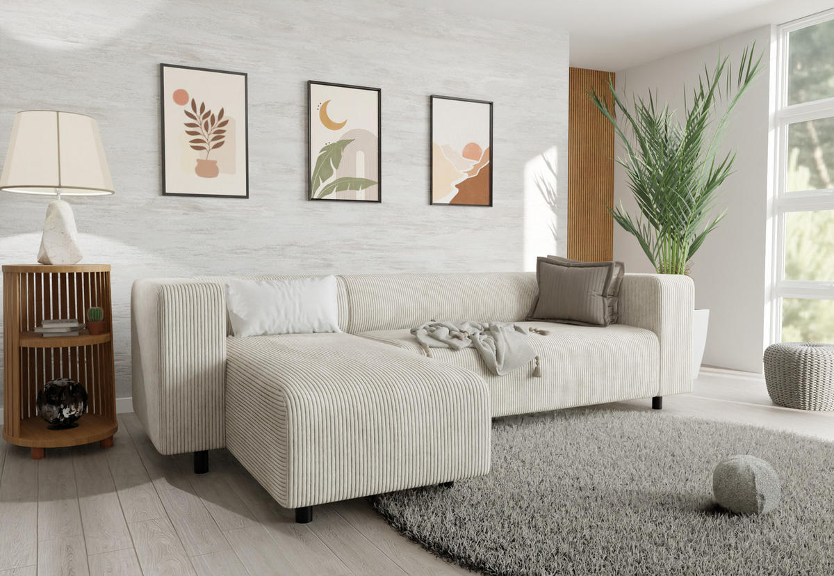 ECKSOFA Tove Beige Cord - Ottomane links - Beige/Schwarz, Holz/Kunststoff (240/142cm) - S-Style Möbel