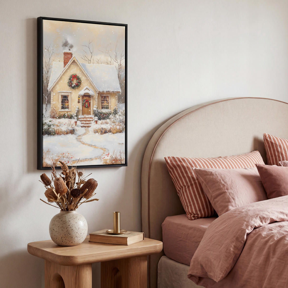 LEINWAND Bilder mit Rahmen - Weihnachten - Zuhause - Winter - Schnee - 40x60 - Creme, Textil (40/60cm) - MuchoWow