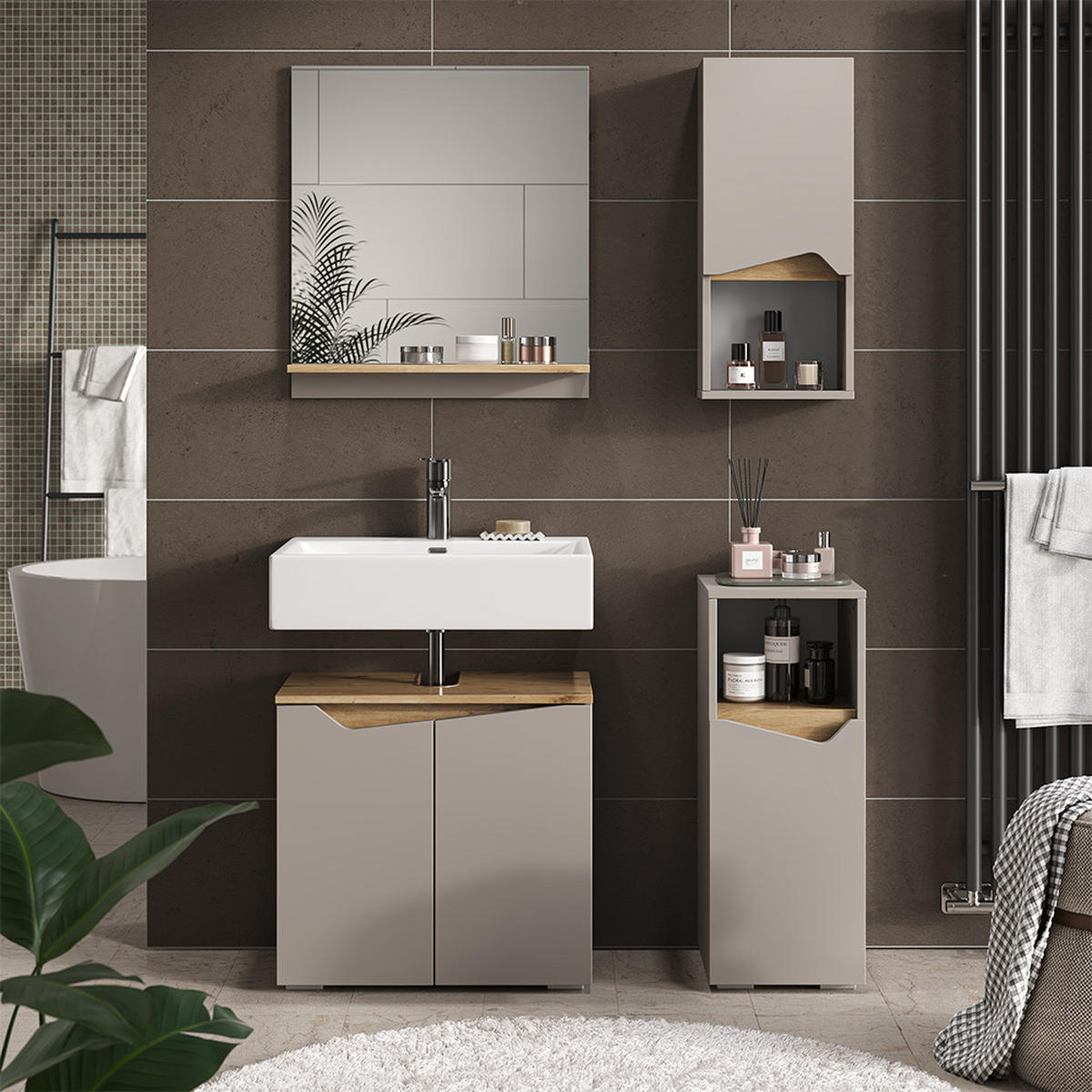 BADSCHRANK Marelle Greige 30 x 67 cm mit Tür und offenem Fach - Greige, Holzwerkstoff (30/67/17cm) - Vicco