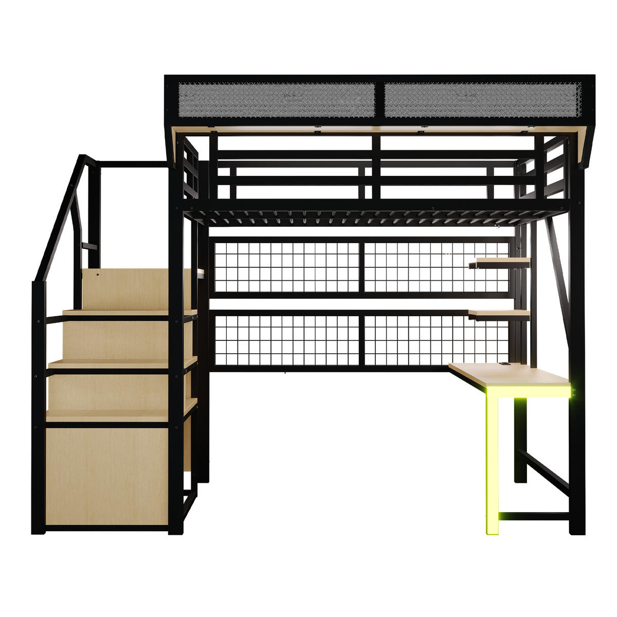 HOCHBETT 140/200 cm DE-01535, in Schwarz, mit Schreibtisch, LED-Beleuchtung und Steckdose - Schwarz, Metall (140/200cm) - ComfortXL