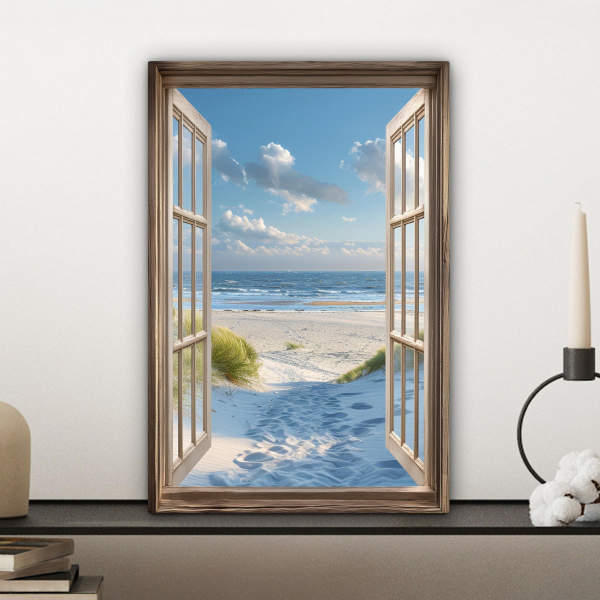 LEINWANDBILD Aussicht - Strand - Fenster - Dünen - Meer 20x30 cm - Hellblau, Textil (20/30cm) - MuchoWow