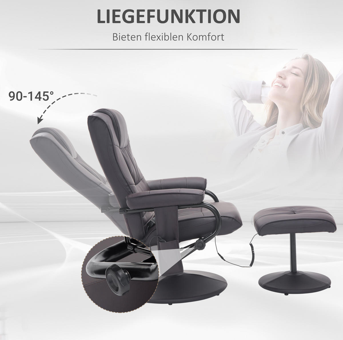 MASSAGESESSEL in Braun mit Hocker, 360° drehbar und frei verstellbarer Rückenlehne,77/84/95 cm - Braun, Metall (77/95/84cm) - Flora Grace