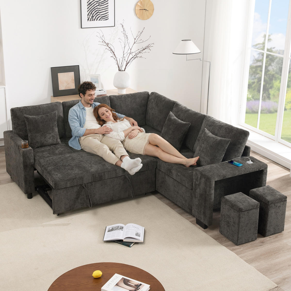 SCHLAFSOFA Grau L-Form USB Stauraum Getränkehalter Kissen - Grau, Textil (205/220cm) - FLIEKS