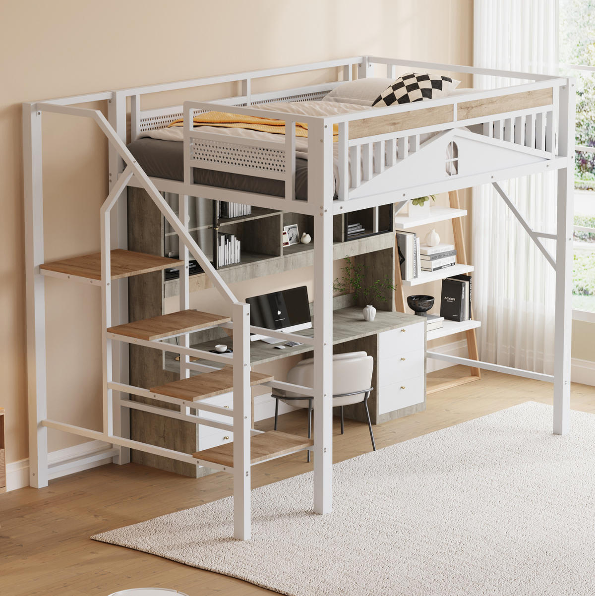 HOCHBETT 140/200 cm aus Metall und Holz mit Sicherheitsleiter und Fensterdesign Weiß - Weiß, Metall (140/200cm) - Modenvie