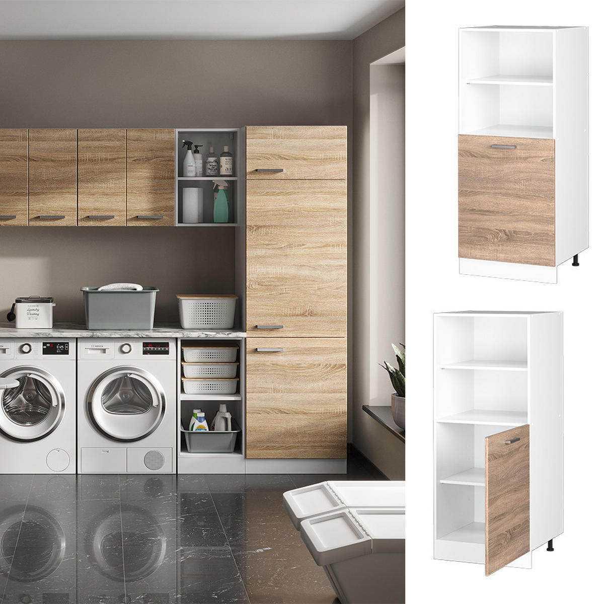 HOCHSCHRANK R-Line Sonoma 60 cm mit offenen Regalen, und Tür - Weiß/Sonoma Eiche, Holzwerkstoff (60/143/57.2cm) - Vicco