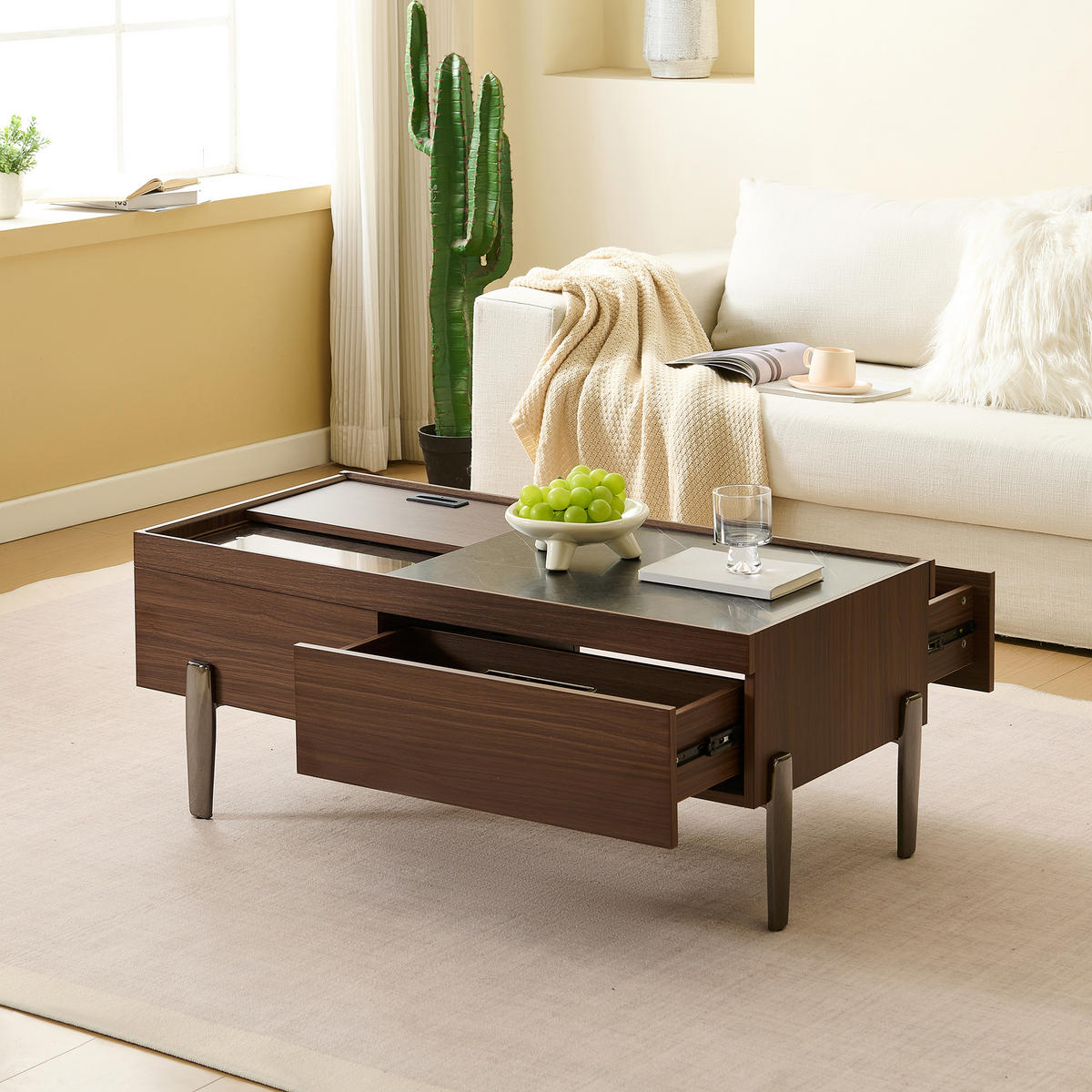 COUCHTISCH mit Schubladen & Glasplatte, MDF dunkelbraun, silbergraue Metallbeine, 105/50/41,5 cm, Dunkelbraun und dunkles Marmormuster - Dunkelbraun, Holzwerkstoff (105/50/41.5cm) - Redom