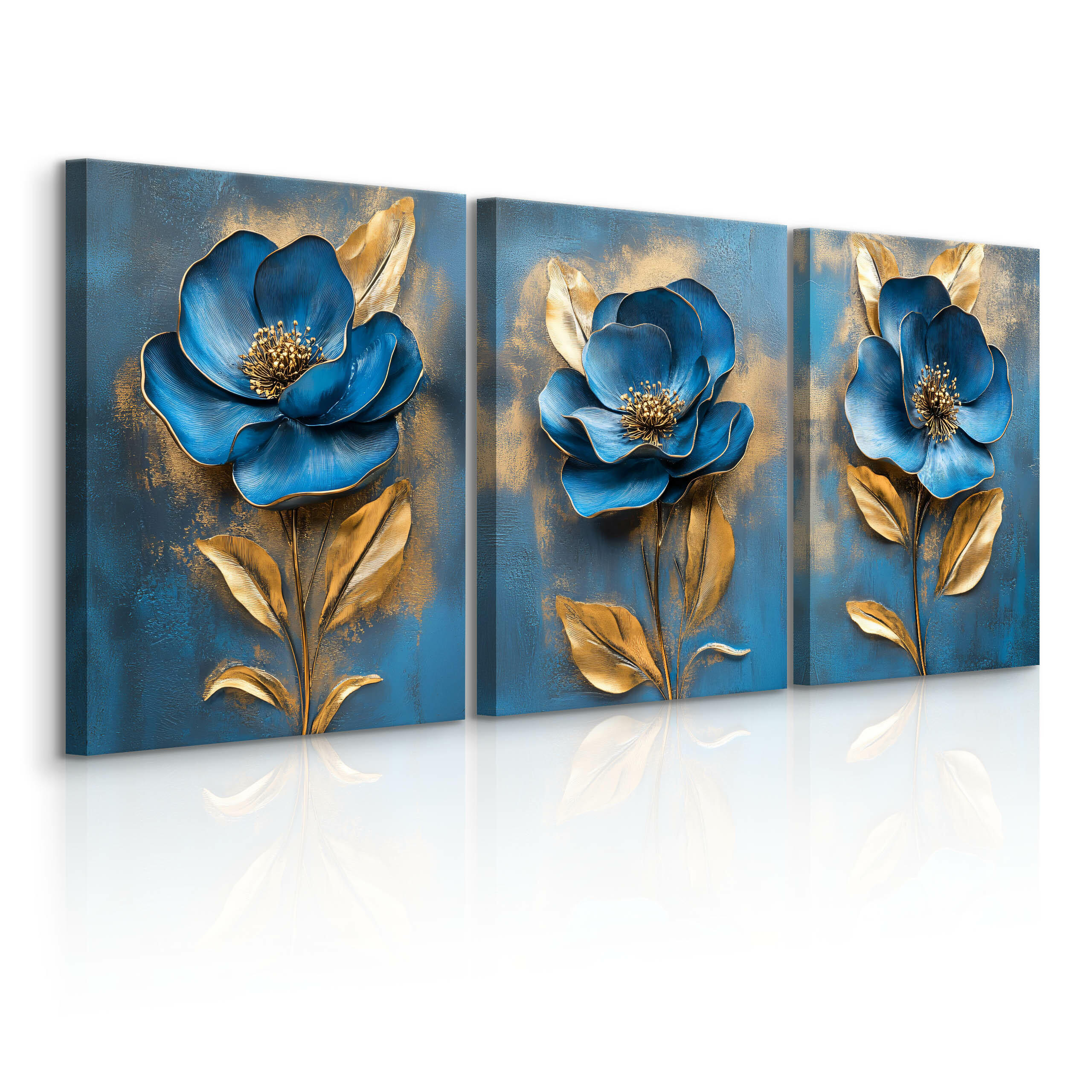 LEINWANDBILDER 3-es Set Blumen 3D Effekt - Blau/Beige, Textil (90/40cm) - Muralo