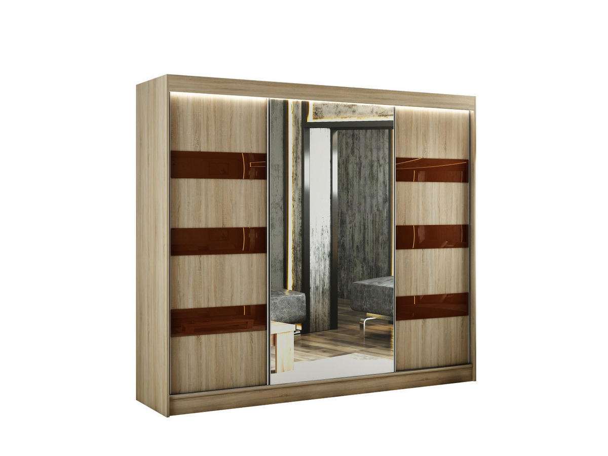 KLEIDERSCHRANK mit LED, Spiegel und Schiebetüre LOSTE - 250 cm Sonoma|Braun - Braun/Sonoma Eiche, Holzwerkstoff (250/215/61cm) - ALTDECOR