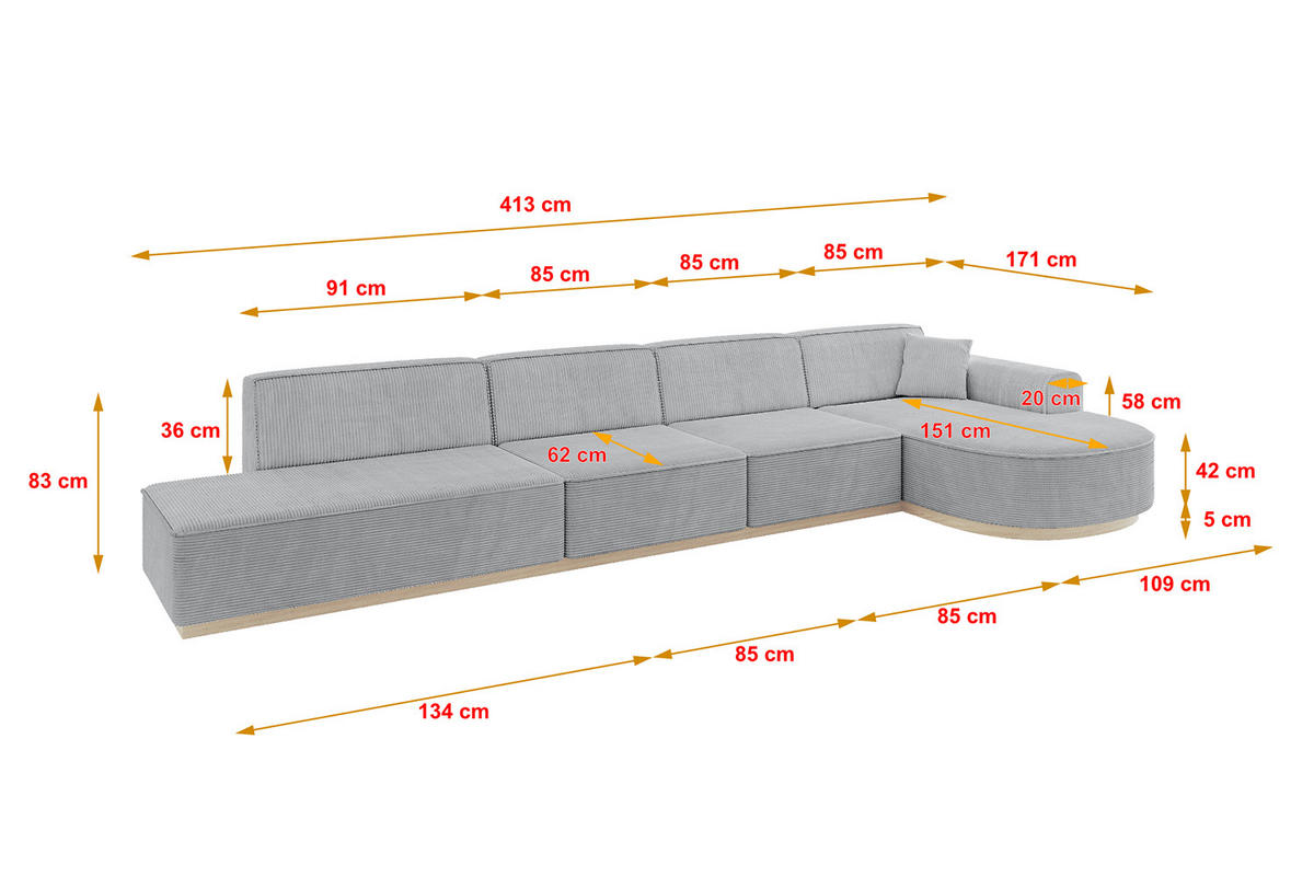 ECKSOFA Ottomane Rechts ARRIO-L3 - 413x171x83 cm Grau - Grau, Holzwerkstoff/Textil (413/171cm) - ALTDECOR