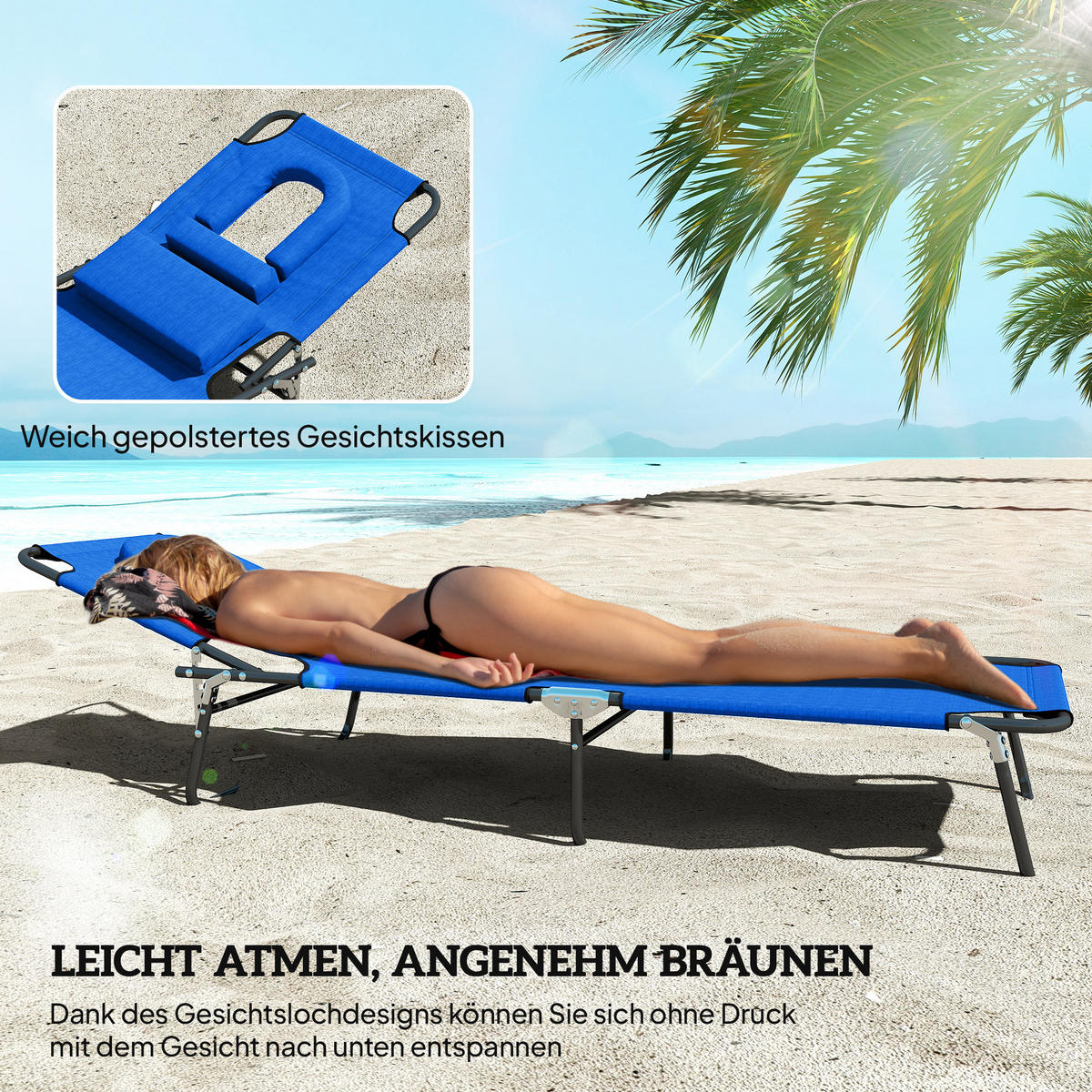SONNENLIEGE DE-07645 klappbar, 4-fach verstellbar, mit Gesichtsloch Blau - Blau, Metall (56/28/190cm) - ComfortXL