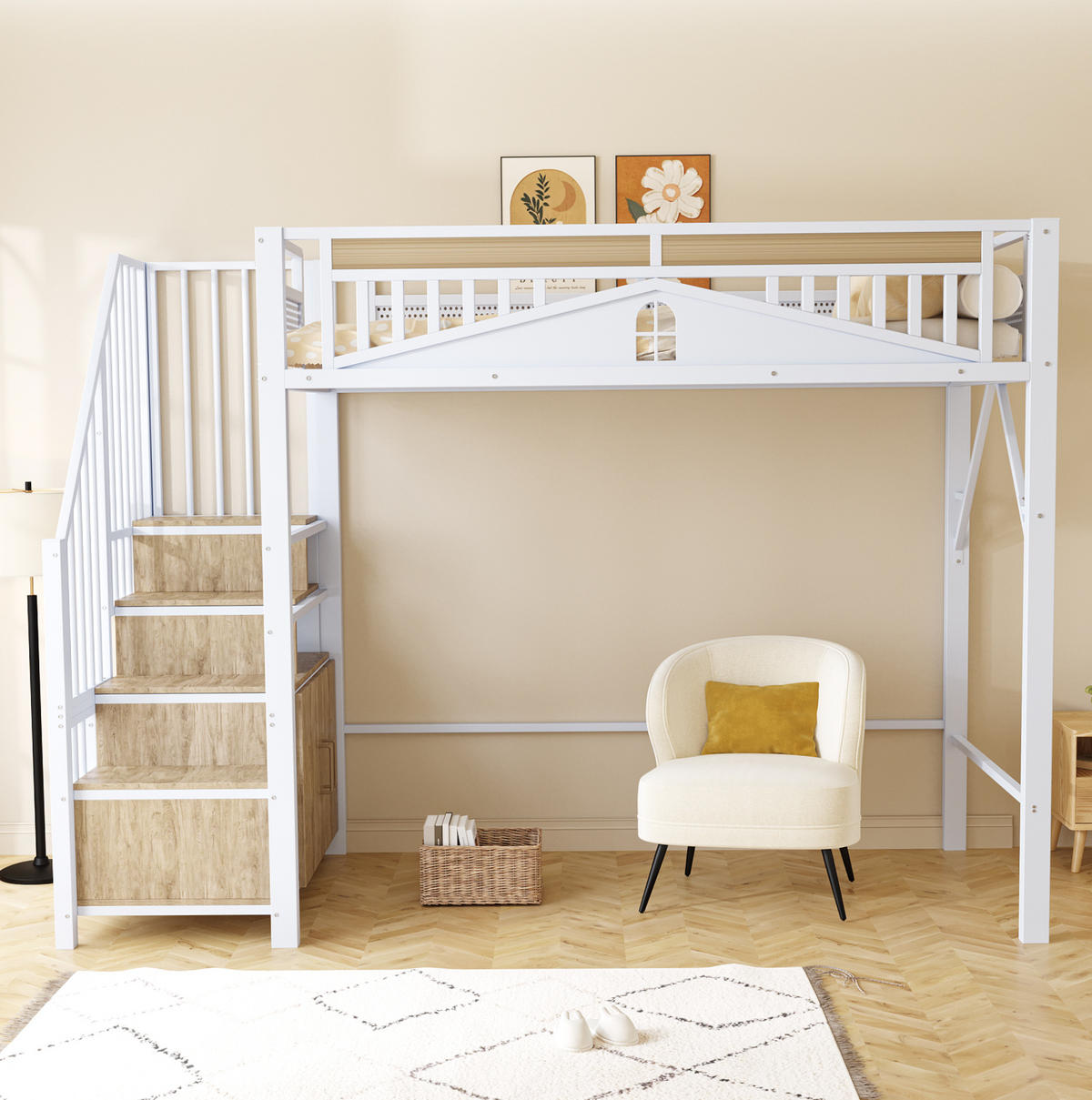 HOCHBETT 90/200 cm in Weiß – mit Stauraumtreppe und umlaufendem Rausfallschutz - Weiß, Metall (90/200cm) - BEAOK
