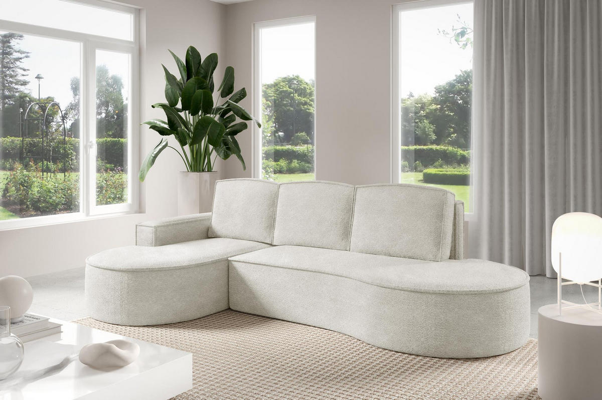 ECKSOFA Flow Weiß, mit Schlaffunktion und Kissen in Abriamo Stoff, linke seite - Weiß, Holzwerkstoff/Textil (277/157cm) - Bettso