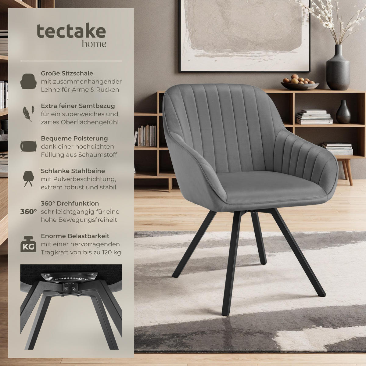 ARMLEHNSTUHL drehbarer Snug 58 x 58 x 82 cm grau - Grau, Textil (58/82/58cm) - tectake