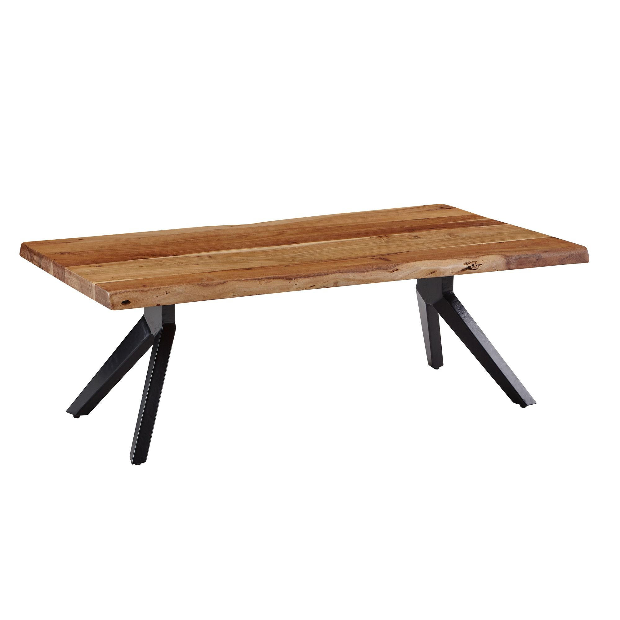 Couchtisch in Braun aus massivem Akazienholz mit Baumkante, 115x37x64 cm
