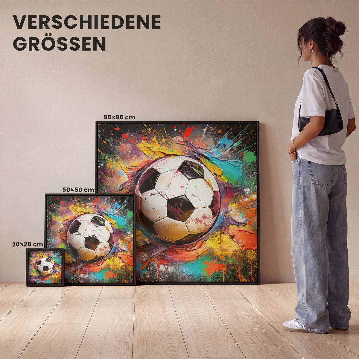 LEINWAND Bilder mit Rahmen - Fußball - Farbe - Farben - Schwarz - Weiß - 90x90 - Weiß, Textil (90/90cm) - MuchoWow