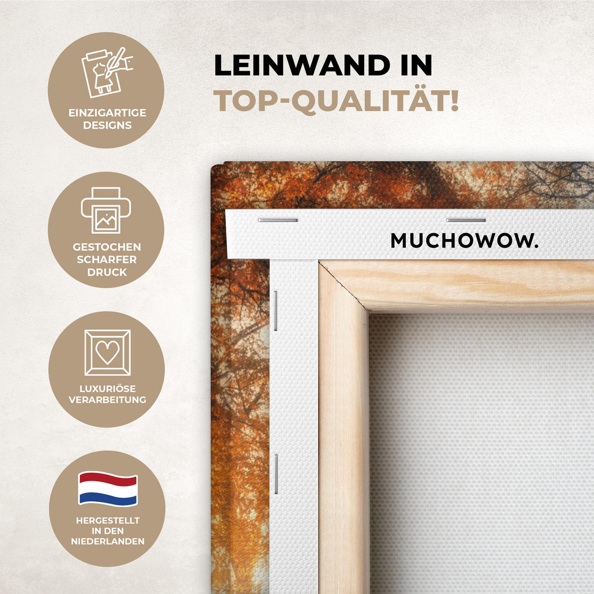 LEINWANDBILD Wald - Herbst - Bäume - Waldweg - Natur Wandbild Wohnzimmer 50x50 cm - Bernsteinfarben, Textil (50/50cm) - MuchoWow