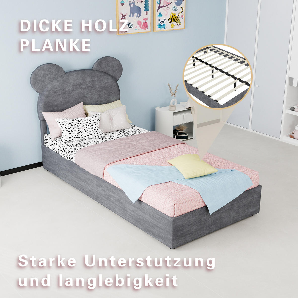 POLSTERBETT 90/200 cm in Grau mit Bettkasten Stoff im Cartoon-Design - Grau, Holzwerkstoff/Textil (90/200cm) - STILVORA