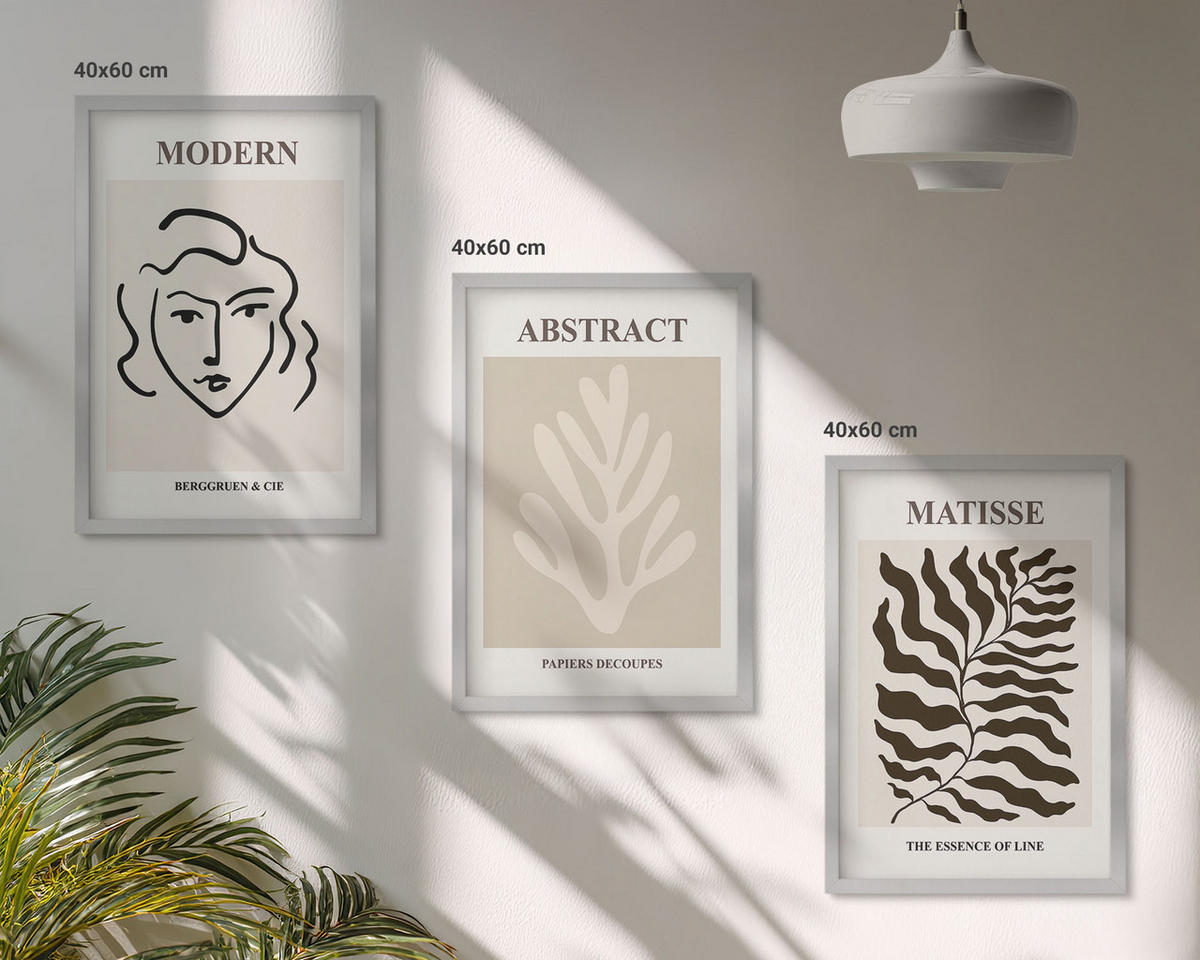 WANDBILDER 3er Set - 40x60 cm Silberner Rahmen - Gesicht Blätter Kunst Matisse - Silberfarben, Kunststoff (40/60cm) - ArtPrintCave