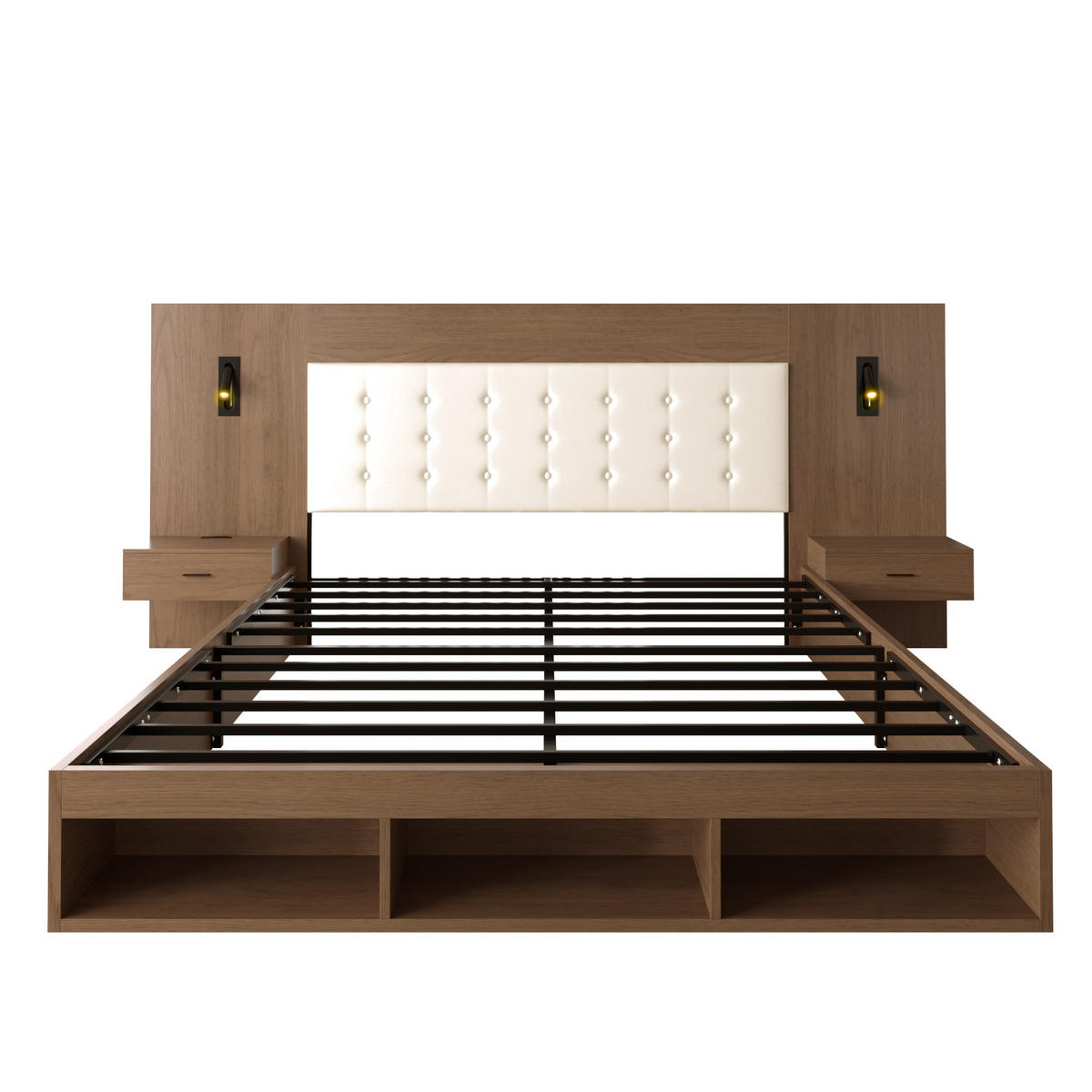 JUGENDBETT 180/200 cm in Walnuss mit Stauraum, USB, Type-C und Leselampen - Walnussfarben, Holzwerkstoff/Metall (180/200cm) - WISHDOR
