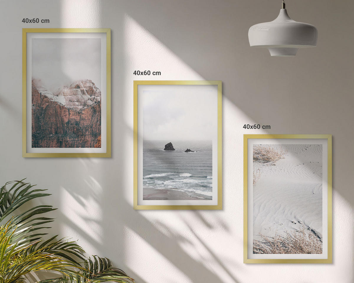 BILDER SET 3er Set - 40x60 cm Goldrahmen - Berge, Wolken, Meer, Sand, Natur - Goldfarben, Kunststoff (40/60cm) - TULUP
