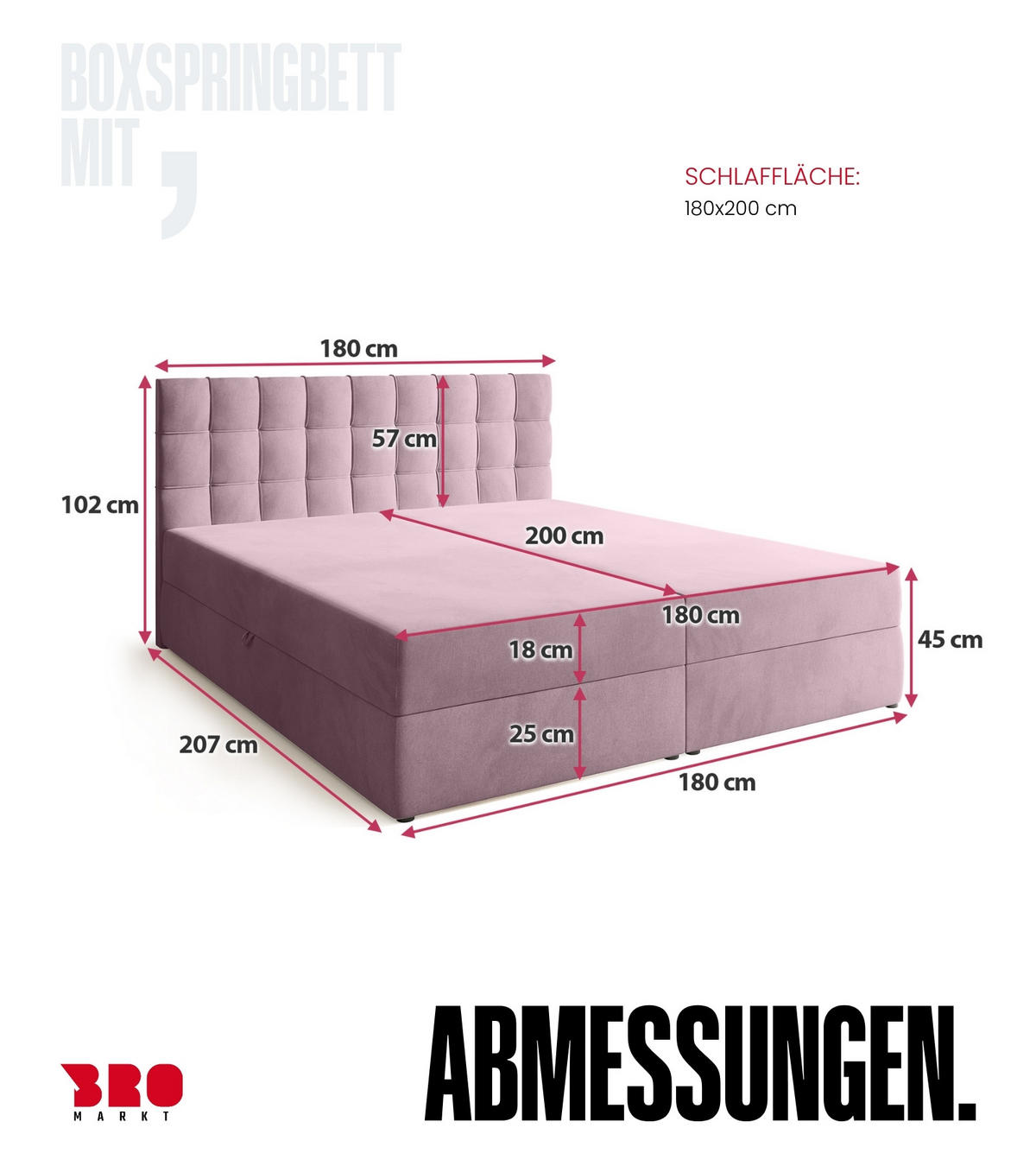 BOXBETT Detroit mit Topper 180/200 Rosa - Rosa, Holzwerkstoff/Textil (180/200cm) - Bromarkt