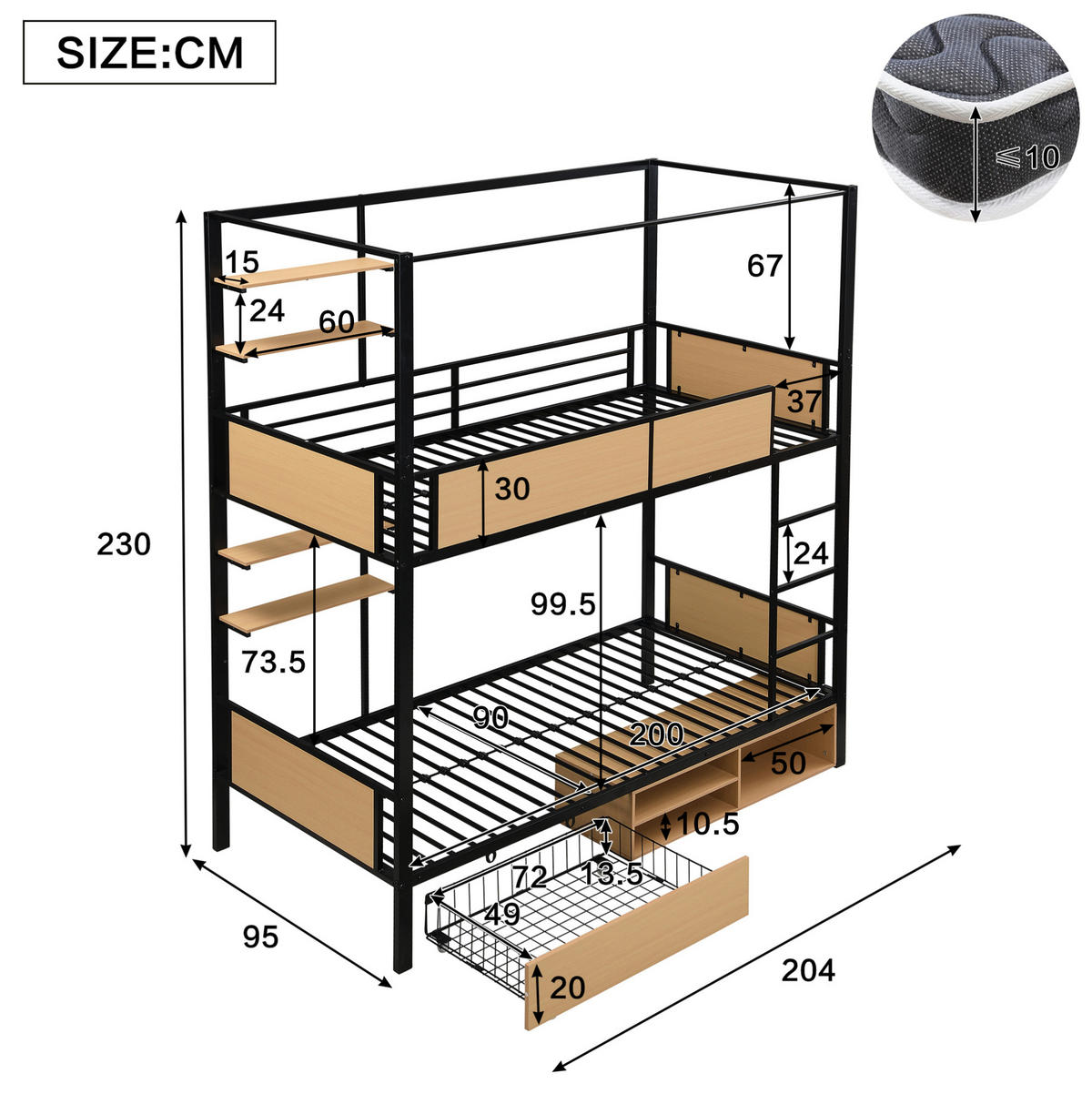 ETAGENBETT aus Eisen und MDF 90x200 cm Schwarz/Natur mit Schubladen und Ablageflächen - Schwarz, Holzwerkstoff (90/200cm) - IVMEU