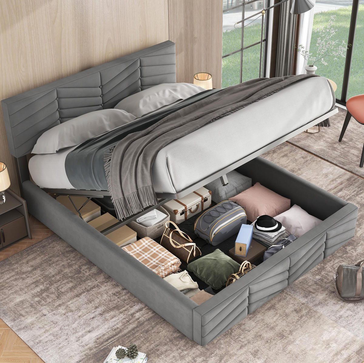 POLSTERBETT 140/190 cm Grau mit hydraulischem Bettkasten und höhenverstellbarem Kopfteil - Grau, Textil (140/200cm) - OKWISH