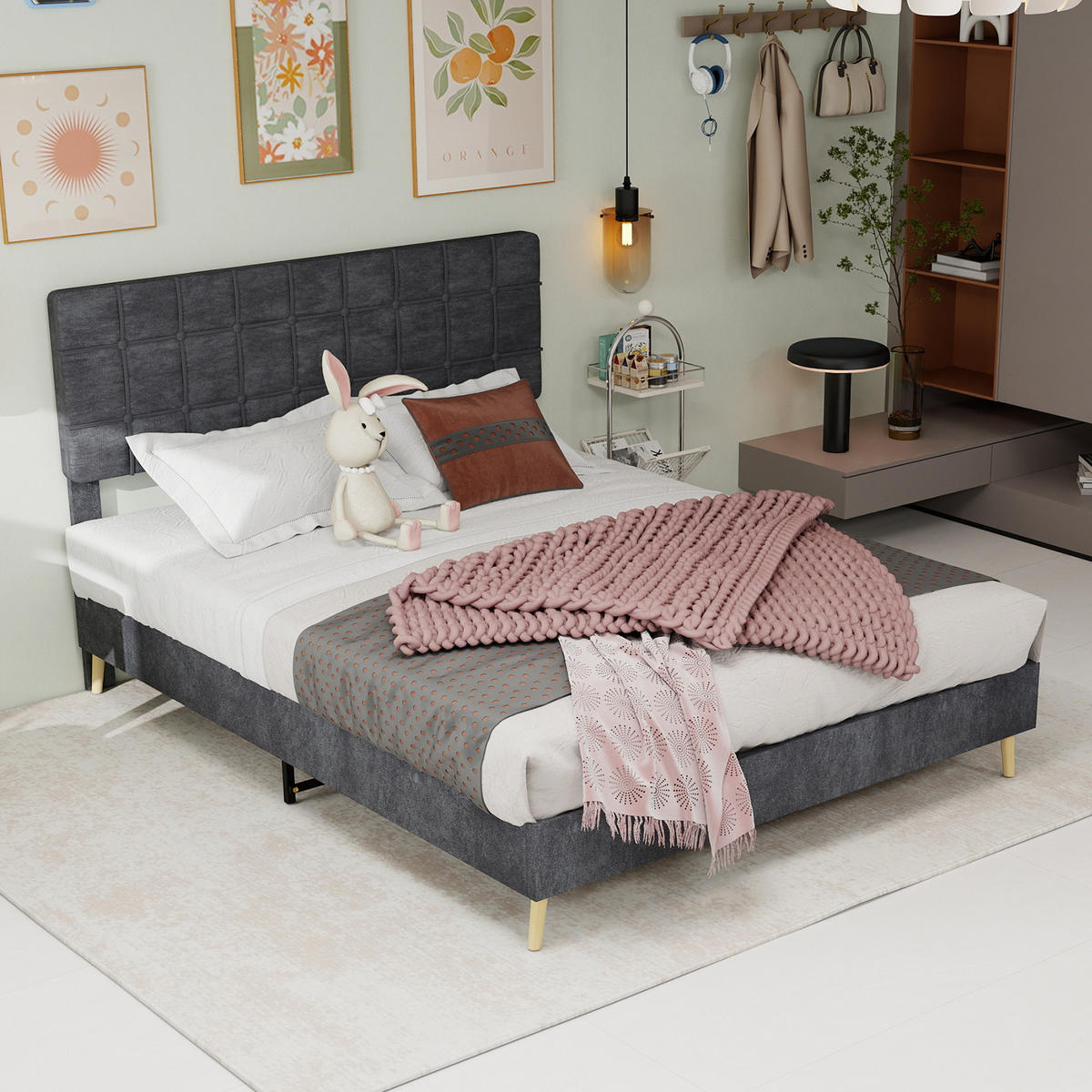 POLSTERBETT 160/200 cm in Grau Samt - Grau, Holzwerkstoff/Textil (160/200cm) - WISHDOR