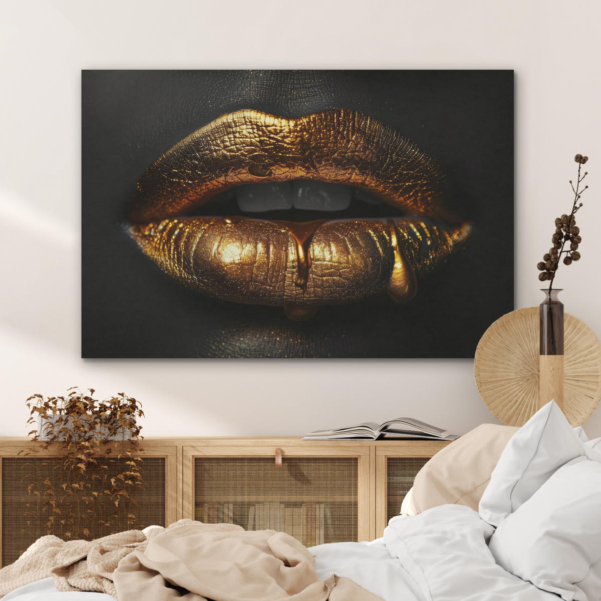 AKUSTIKPANEEL Frau - Porträt - Lippen - Gold - Schwarz 100x70 cm - Schwarz, Textil (100/0.9/70cm) - MuchoWow