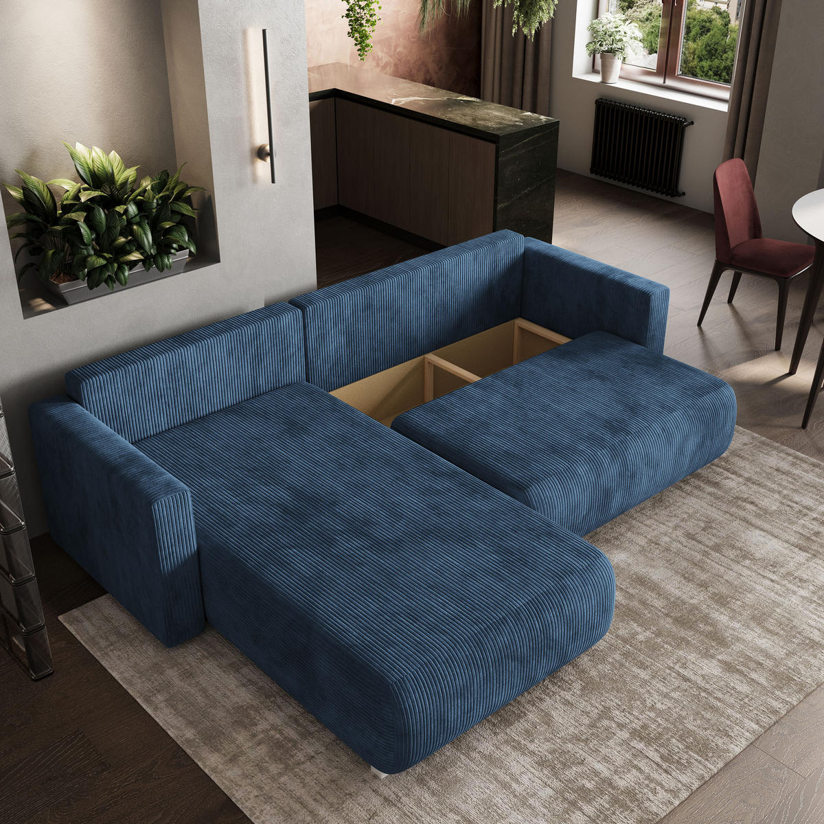 ECKSOFA TURIN P Blau Kordstoff mit Schlaffunktion - Blau, Holz (265/183cm) - MASSENO