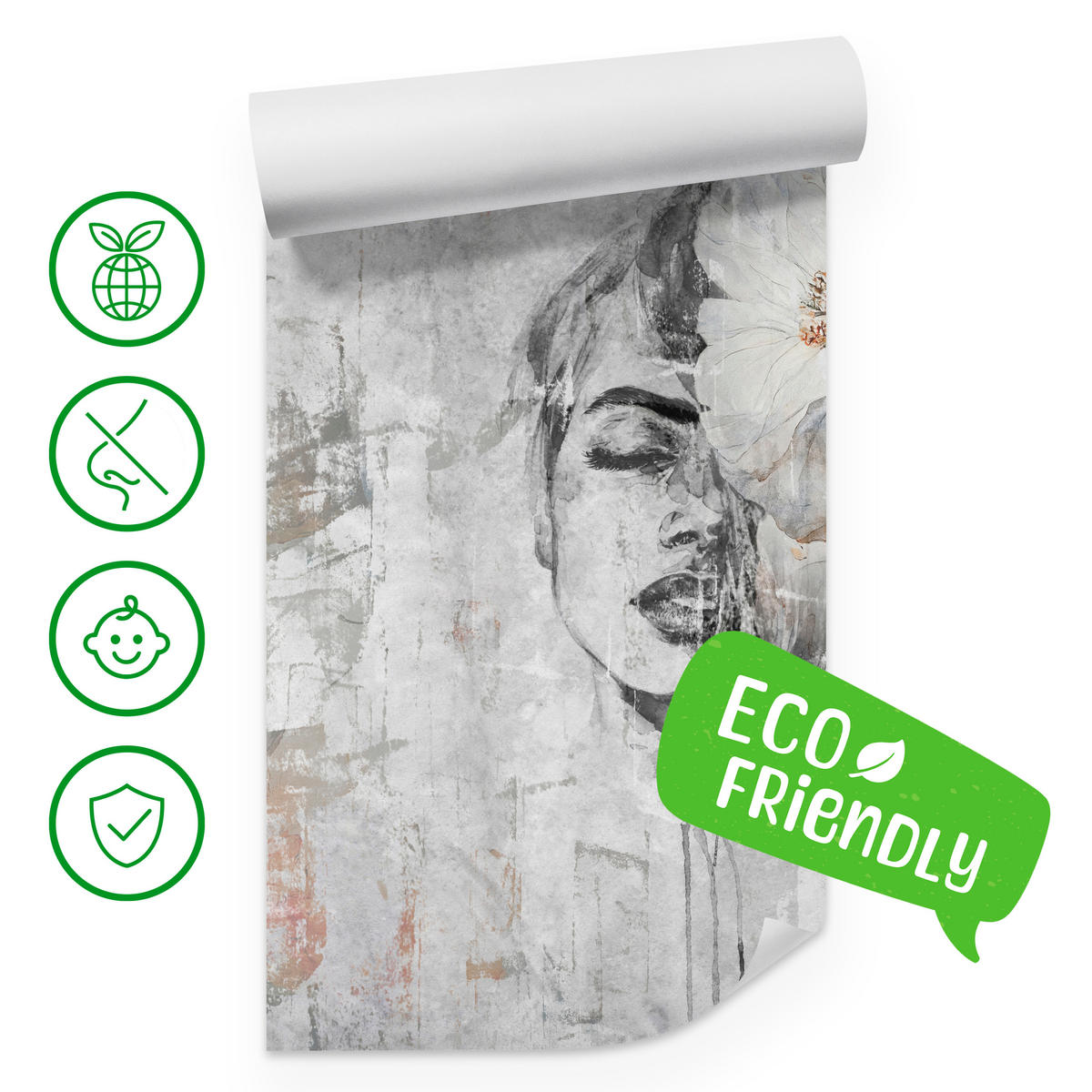 FOTOTAPETE für Schlafzimmer Frau Porträt Blume Beton Abstraktion 200x140 - Blau/Orange, Papier (200/140cm) - Muralo