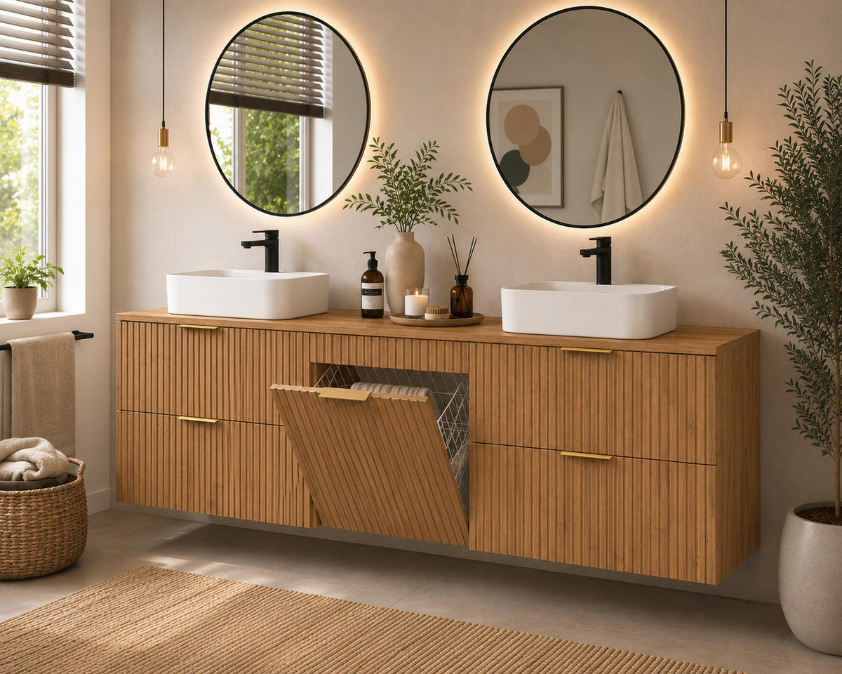 BADMÖBEL-SET MIT WÄSCHEKORB: Eiche Craft, Griffe Gold, 160 x 46 x 57 cm - Eichefarben/Goldfarben, Holzwerkstoff (160/57/46cm) - 3XE LIVING