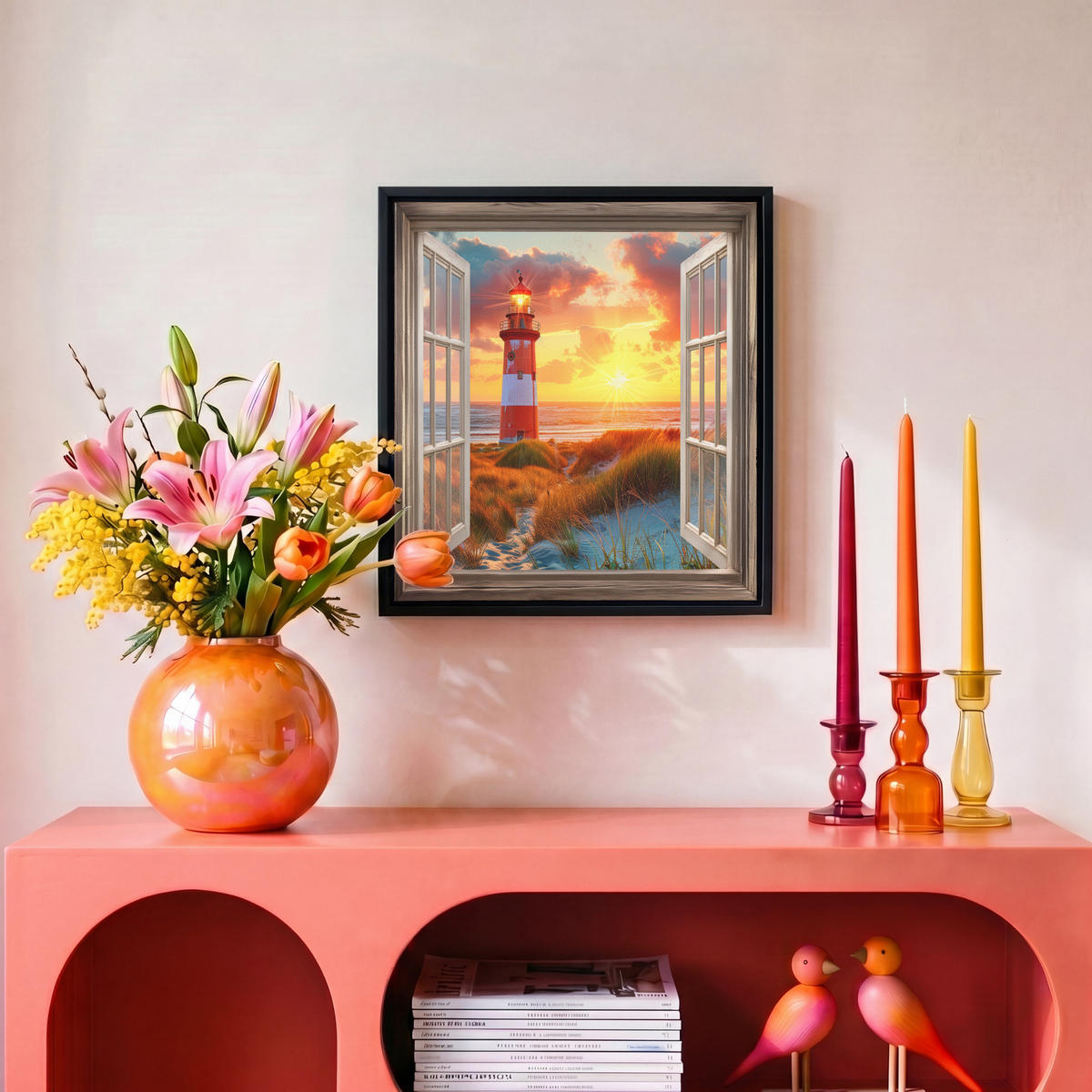 LEINWAND Bilder mit Rahmen - Aussicht - Fenster - Leuchtturm - Sonnenuntergang - Strand - 20x20 - Dunkelorange, Textil (20/20cm) - MuchoWow