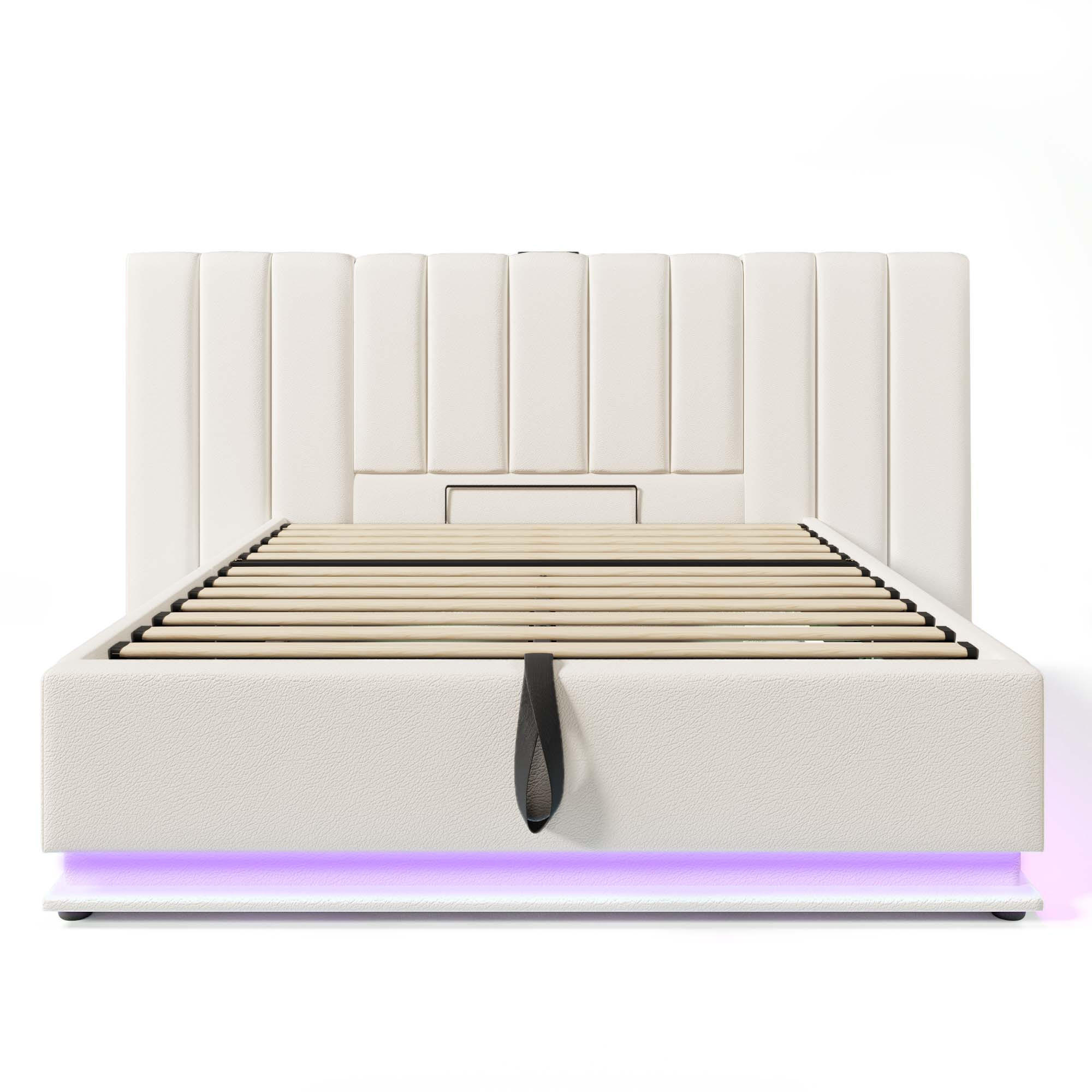 POLSTERBETT 180/200 cm Beige Leder mit App Control LED und USB-C Ladefunktion, Ohne Matratze und Nachttisch - Weiß, Textil (180/200cm) - Oxeza
