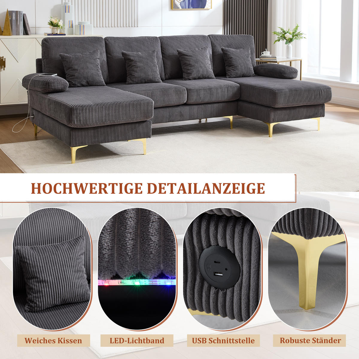 U-FORM Wohnlandschaft Samt mit LED und USB-Anschluss 265/135/88 cm Grau - Grau, Textil (135/88/265cm) - Redom