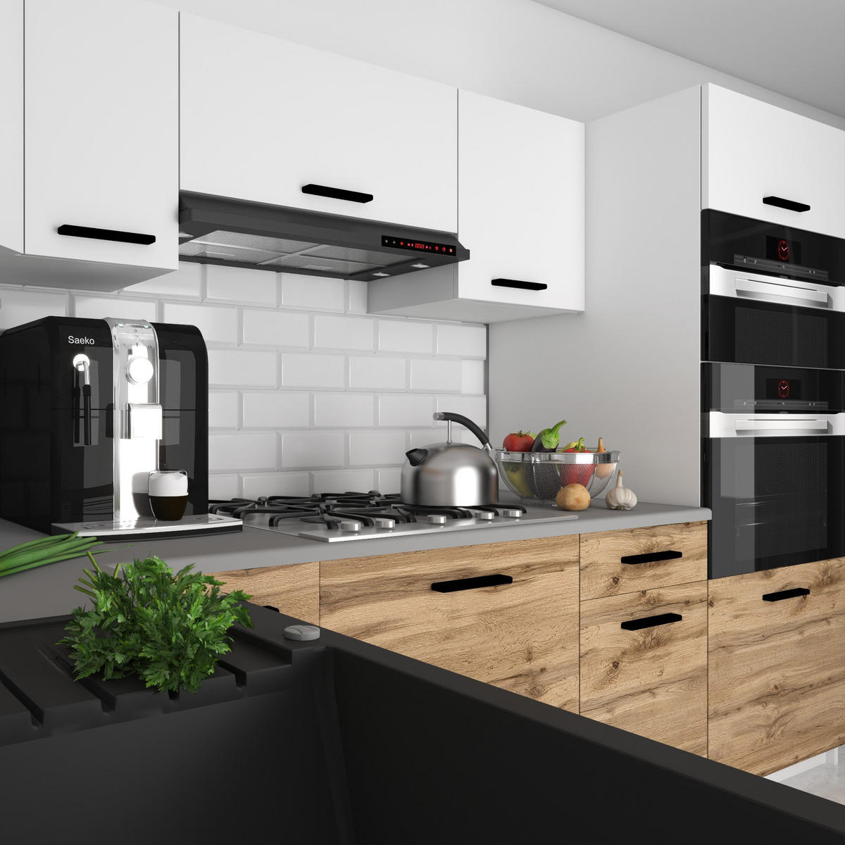 KÜCHENZEILE Italia 8 420 cm , mit Arbeitsplatten, Weiß-Goldbraun Matt - Weiß/Braun, Holz (420/143/60cm) - B BELINI GROUP