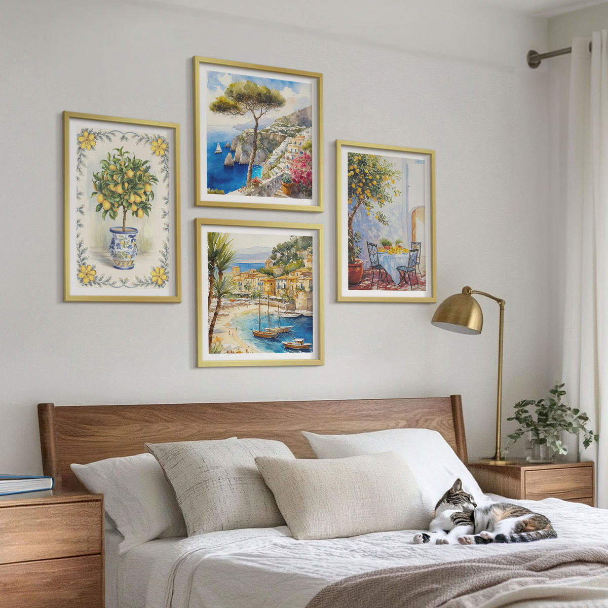 BILDER SET 4er Set - 50x50 cm & 40x60 cm Goldrahmen - Blick auf das Meer aus Zitronenbäumen - Goldfarben, Kunststoff (50/50cm) - TULUP