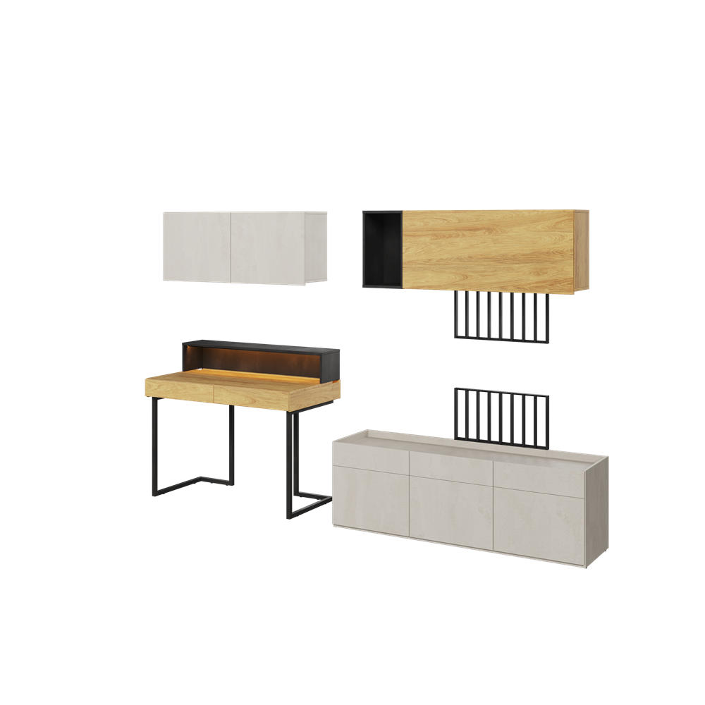 Meblini Kinderzimmer-Set Kaschmir, Eiche, Schwarz 260x193x61 cm