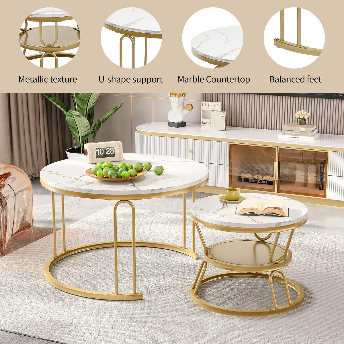 COUCHTISCH 2er Set rund schiebbar Marmoroptik Metall gold weiß - Weiß, Holz (45/70/44.2cm) - LEBENLANG