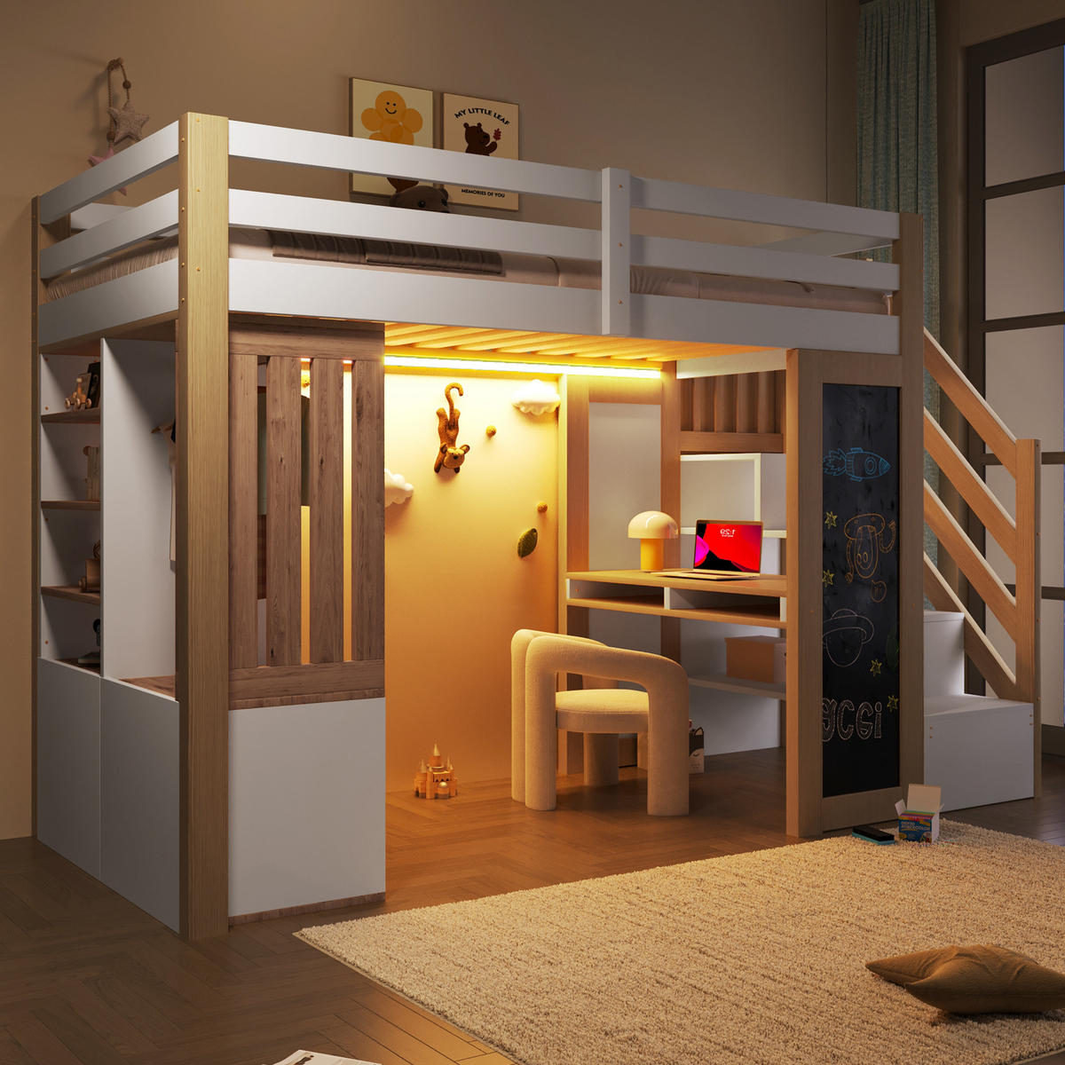 HOCHBETT 90/200 cm in Weiß & Natur mit Schreibtisch, Kleiderschrank und LED - Weiß/Naturfarben, Holz/Holzwerkstoff (90/200cm) - WISHDOR