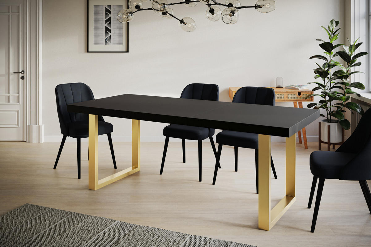 ESSZIMMERTISCH LOFT-U, ausziehbarer Tisch 120-220X80X77 cm, Farbe: Schwarz, mit Metallbeinen in Farbe Gold - Goldfarben/Schwarz, Holzwerkstoff (120/80/77cm) - Alpi-Möbel